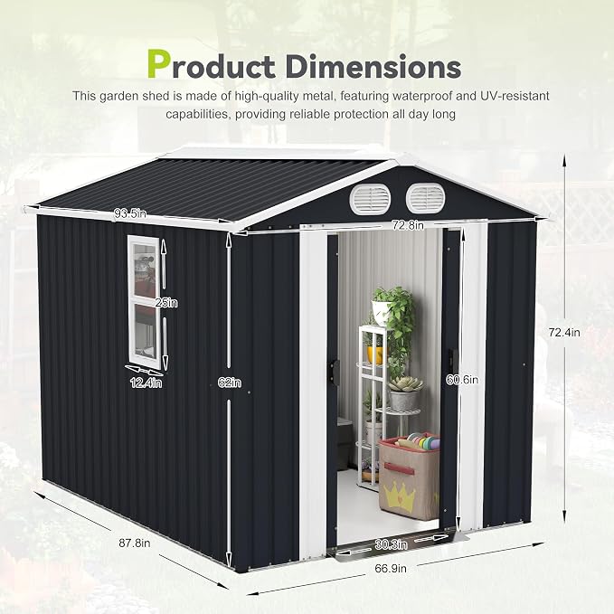 6x8 FT Outdoor Storage Shed, Metal Storage Shed with Lockable Doors & Air Vents, Heavy-Duty Storage Tool Shed for Backyard Garden Patio, Dark Grey