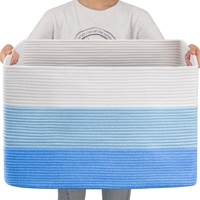 OIAHOMY 108L Extra Large Blanket Basket Dog Toy Basket Gradient Light Blue | Rectangle Woven Baskets for Storage Cotton Rope Basket For Living Room Toy Storage Blanket Storage Laundry Basket