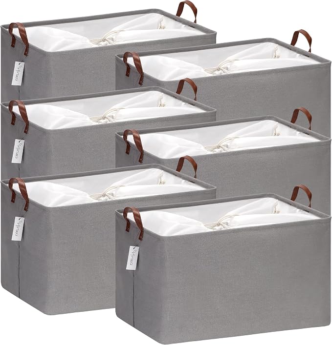 Hinwo 70L Extra Large Canvas Storage Bin with Lid and Handles, 6-Pack | Collapsible Fabric Baskets, Closet Shelf Organizers, Containers for Clothing, Blankets, Toys, Bedding (Gray)
