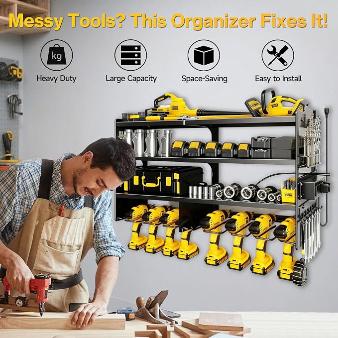 Heavy Duty Power Tool Organizer Wall Mount with Charging Station with 4 Power Strip, 4 Layer Tool Storage Rack with 8 Drill Holder, 700 lbs load capacity