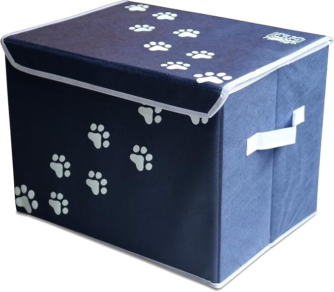 Large Dog Toys Storage Box 16" x 12" Pet Toy Storage Basket with Lid. Perfect Collapsible Canvas Bin for Cat Toys and Accessories Too! (Blue)