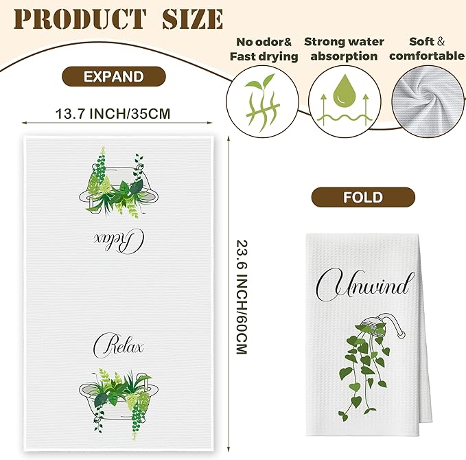 Bath Towels Set of 2, Green Eucalyptus Dish Towel for Bathroom Spa Kitchen, Tub Shower Leaves Decorative Hand Towels, Fast Drying Tea Towel, Housewarming Xmas Gifts for Women Mom -B29
