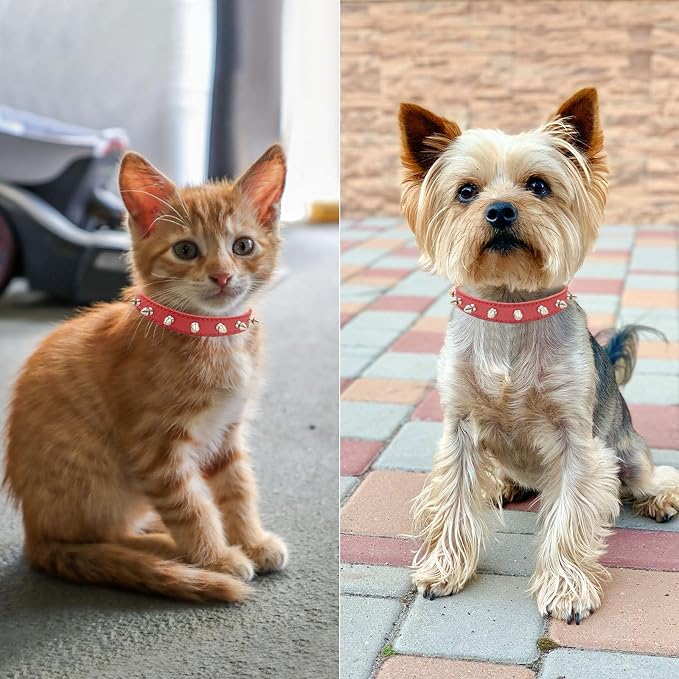Enjoying Spike Cat Collar, Spiked Dog Collar for Extra-Small to Small Dogs, Anti-Bite Studded Protective, Faux Leather Spiky Collar with Metal Rings for Hold Pet Tags/Leash, Adjustable, Red, XS