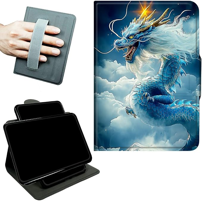 Rotating Handle Case for Samsung Galaxy Tab S10 Plus 2024/S9 FE+/S9 Plus 12.4 Inch 2023, 360 Degree Swivel Kickstand with Magnetic Closure Leather Protective Cover, Cloud Blue Dragon