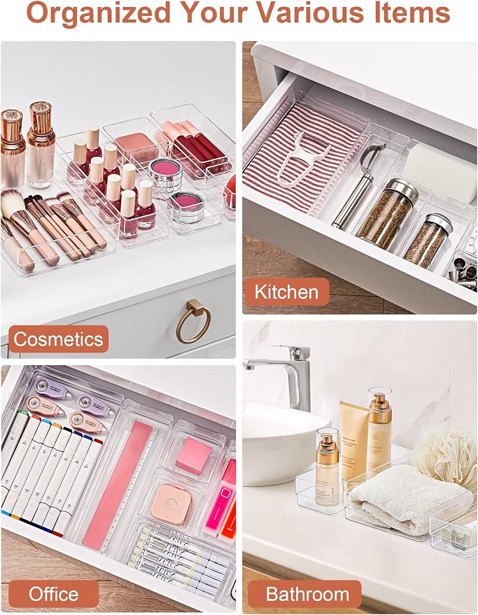 SMARTAKE 22 PCS Drawer Organizer, 4-Size Desk Bathroom Drawer Organizer | 4-Size Storage Tray with Non-Slip Silicone Pads for Makeup, Jewelries, Utensils in Bedroom Dresser, Office and Kitchen, Clear
