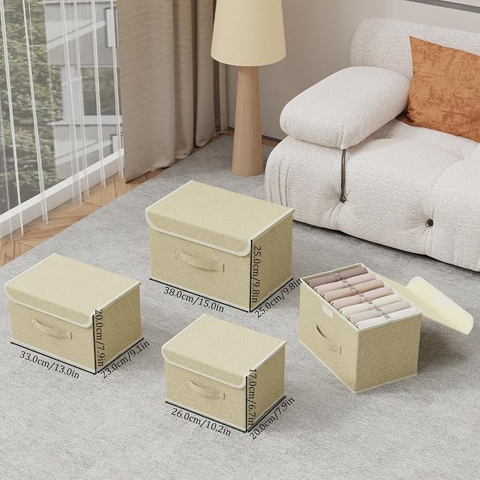 Storage Bins with Handles,Grey and Beige,10.2x7.9x6.7in,3 Pack | Storage Baskets with PP Board Support,Washable Wardrobe Organisers with Lids,Stackable Organization Bins for Socks,Ties,Scarf
