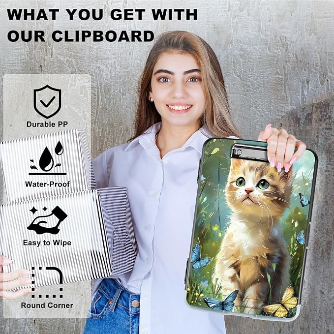 A4 Clipboard with Storage Pen Holder, Clipboards Organizer Nursing Clipboard Foldable File Folder Plastic Clipboard Folio Clip Board for Office Work Classroom Doctor, Lawn Cat Butterfly