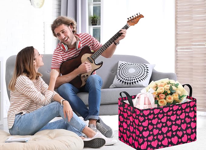 Kid Storage Basket Gift Shelf Basket Toy Storage Bin, Nursery Basket Organizer Box for With Handles for Room Deco Heart Pattern Valentine's Storage Basket