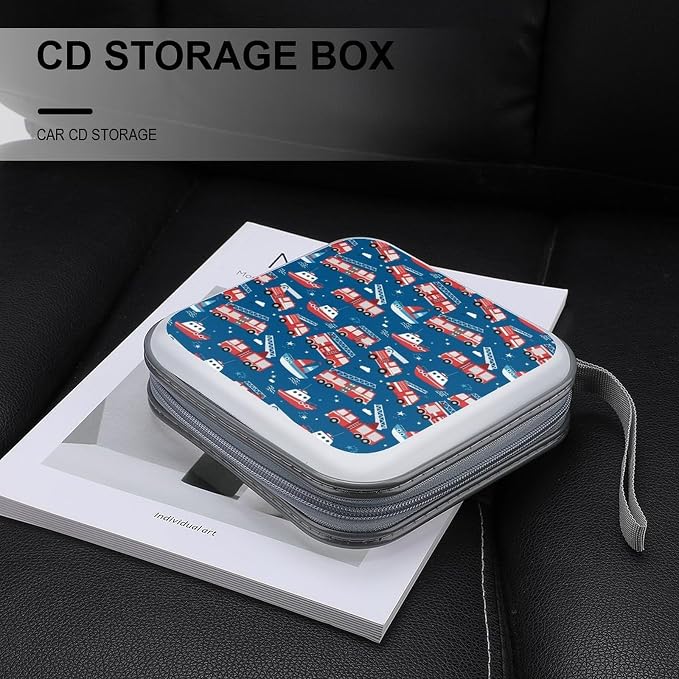 40-Disc Capacity CD/DVD Case Firetrucks Fire Trucks, Hard Plastic Protective Storage Binder with Zipper, Portable Organizer for Car Home Office
