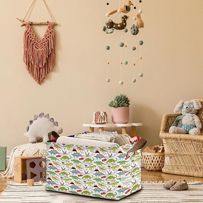 Dinosaur Pattern Collapsible Storage Box - 17x11.5x10.5 Inch Foldable Organizer for Nursery, Playroom Decor,Toy Storage - No Lid Single Pack Organizer Bin