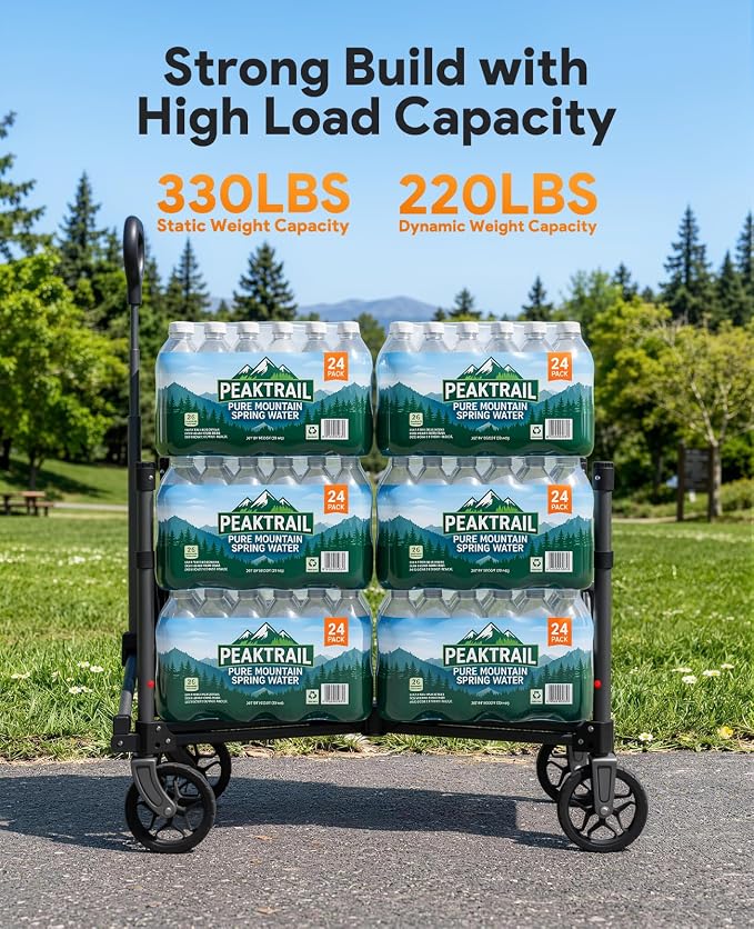 Collapsible Wagon with Wheels,120L Wagon Cart for Camping Groceries Beach | 220lbs Capacity Wagon Carts Foldablet,Smallest Folding Size,Lightweight Portable,Adjustable Handle,Transport long items