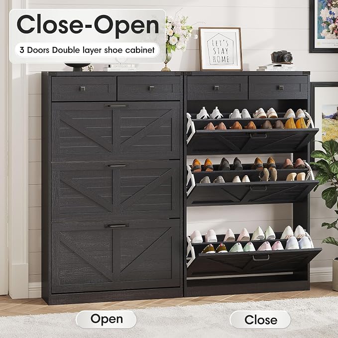 Halitaa Shoe Cabinet with 3 Flip Drawers & 2 Drawers,Freestanding Shoe Storage Cabinet for Entryway,Farmhouse Narrow Slim Organizer Rack for Foyer,Hallway,Black
