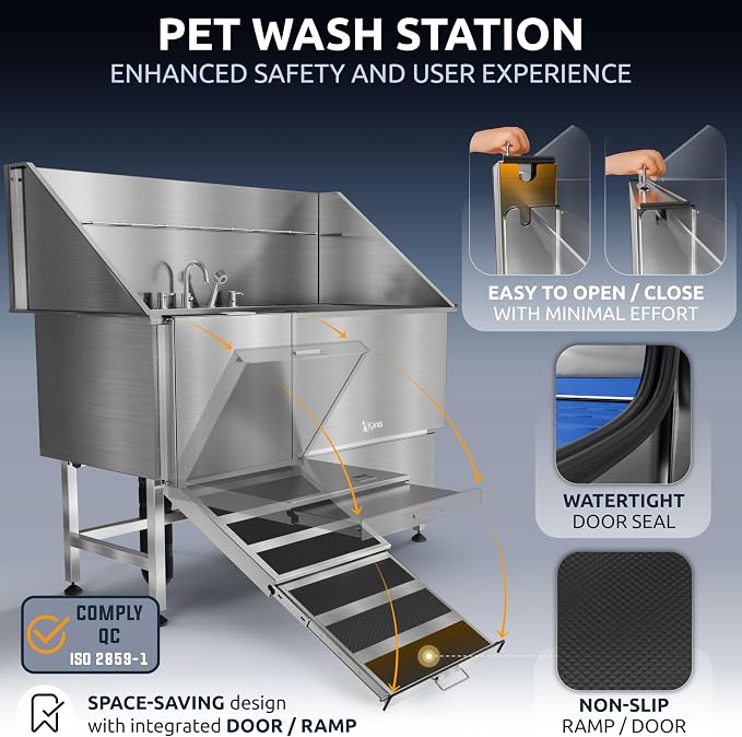 Professional Dog Washing Station 304 Stainless Steel Pet Wash Sink | Grooming Bathtub w/Shower, Floor Grates and Storage for Large, Medium & Small Pets (Silver, 61 Inches, Left Ramp, 1 Drawer)
