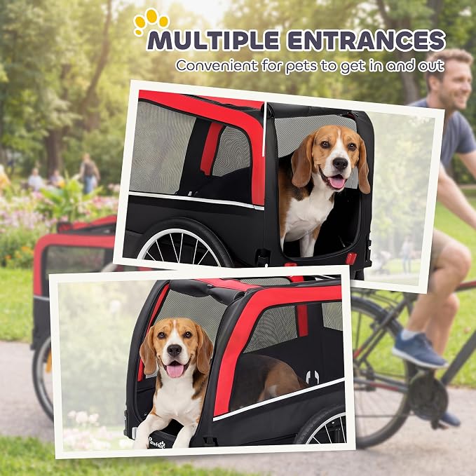 PawHut Dog Bike Trailer 20" Air Tires for Small Medium Breeds 44 lbs | Pet Cart Bicycle Carrier, Quick-Release Wheels, Reflectors, Flag, Dog Cart for Bicycle