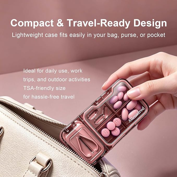 2-in-1 Pill Cutter and Splitter with Pill Organizer, Airtight Moisture-Proof Pill Case, Stainless Steel Blade for Tablets, Vitamins & Supplements, Travel Pill Case (Satin Red)
