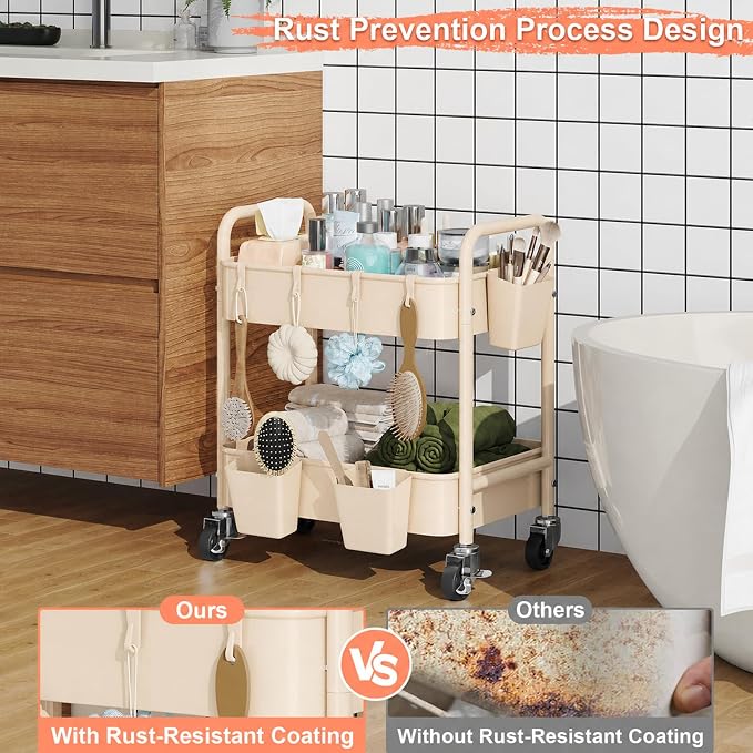 2 Tier Small Rolling Cart Metal with Wheels, Beige Under Desk/Table Storage Carts on Wheels, Short Utility Roller Caddy Organizer for Art, Craft, Pantry, Bathroom, Two Tiered Shelf Trolley, 22In Tall
