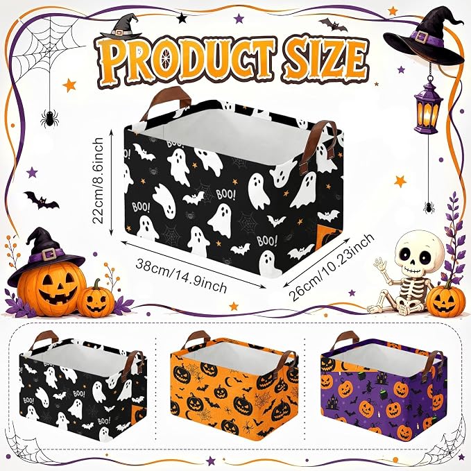 Britimes Halloween Storage Baskets for Gifts, Toy Storage Bins Boxes, 3Pcs | Halloween Ghost Boo Canvas Collapsible Baskets Organizer with Handles Nursery Decor Laundry Basket for Shelves Closet
