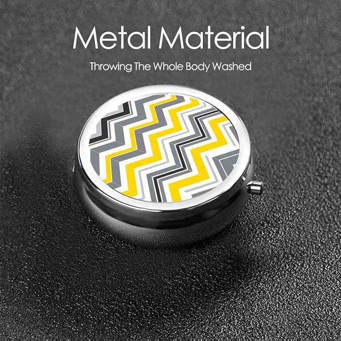 Small Travel Pill Box, Yellow Grey Gray Patterns Round Metal Organizer, 3-Compartment Case for Fish Oil, Pocket Purse Dispenser for Vacation