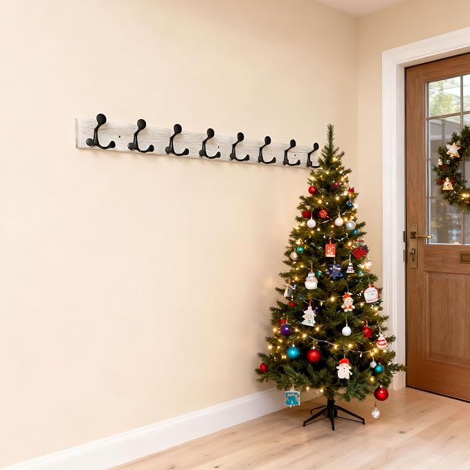 SKOLOO 43-Inch Wood Coat Rack Wall Mount with 8 Triple Hooks - Ideal for Family Entrances, Classrooms, and Pet Supplies Storage - Perfect Coat Hooks for Wall,Distressed White Wash, Pack of 2