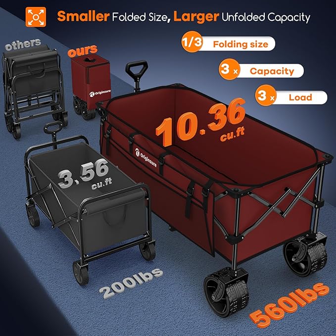 Originsure 300L Beach Wagons Carts Foldable with Big Wheels, 560lbs, Red | 48" Folding Utility Wagon,7" All-Terrain Wheels,Heavy Duty Frame,Compact&Space-Saving,for Camping,Sports,Grocery,Garden