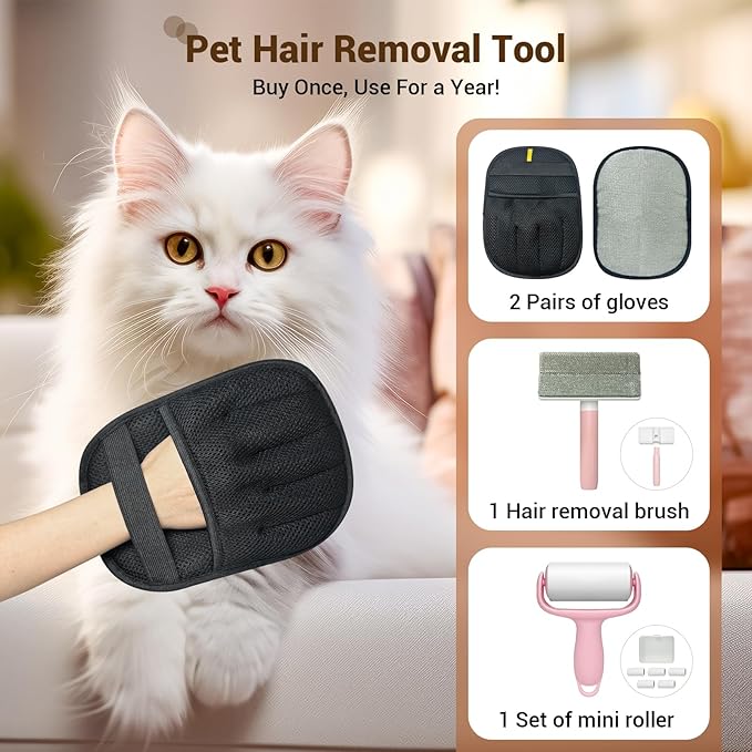 Pet Hair Removal Glove & Electrostatic Remover Set with Mini Lint Roller (180 Sheets) - Reusable Cleaning Tool for Sofa, Carpet, Cat Tree, Furniture, Car Seat and Clothes（3PCS）
