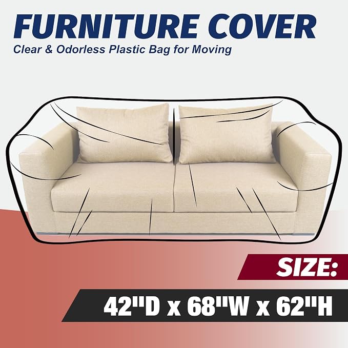 Clear Plastic Moving Loveseat Furniture Storage Covers | Extra Large 68x 62 x 42 Inch Sofa and Couch Bags, Waterproof and Dust Proof, For Renovation, Wrap, With Labels