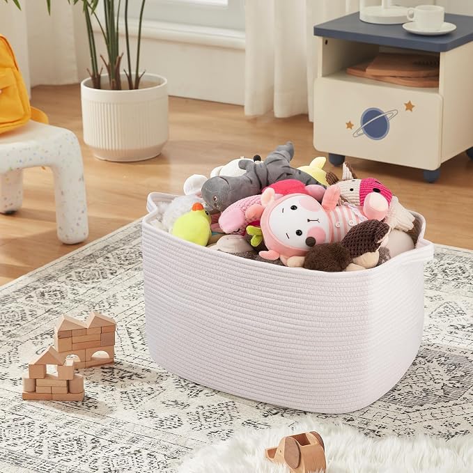 OIASKET White Storage Baskets for Organizing, Toy Basket Storage Kids, Nursery Cotton Rope Baskets for Living Room, Deorative Organizer Bin Box (White)