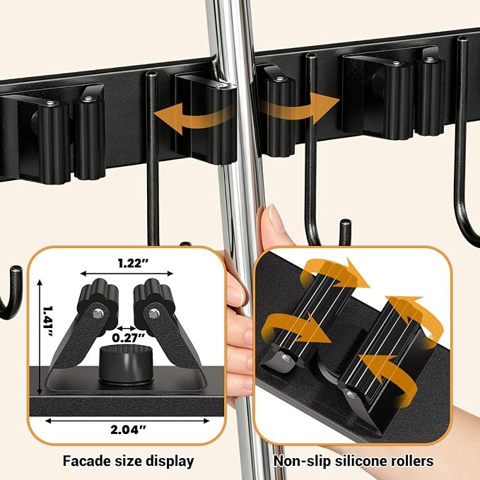 Broom and Mop Organizer Wall Mount, 2 pcs | Wall Hanging, Cleaning Supplies Organizer, Storage Shelf and Hooks, For Laundry Room Garage Kitchen