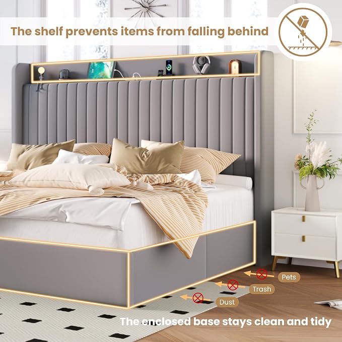 SHA CERLIN King Size Lift Up Storage Bed Frame, Charging Station, Grey | Storage Headboard with Charging Station, USB, Type-C Port Velvet Hydraulic Storage Bed No Box Spring Needed Noise Free