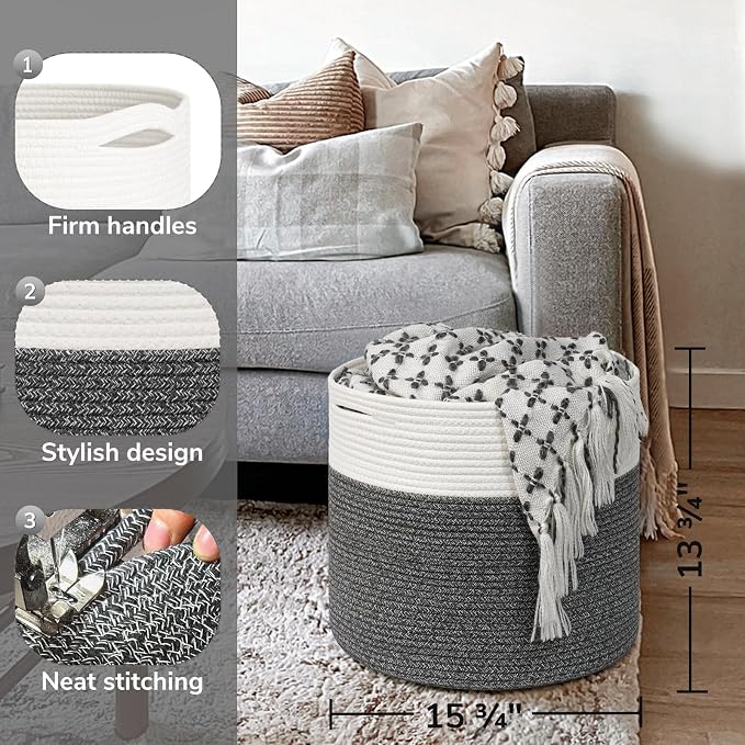 Goodpick Woven Blanket Basket Living Room, Toy Bin for Playroom, 45L | 15.8 x 15.8 x 13.8 In Storage Basket for Toys Shoes, Cute Baby Laundry Hamper for Towels, Clothes, Gray