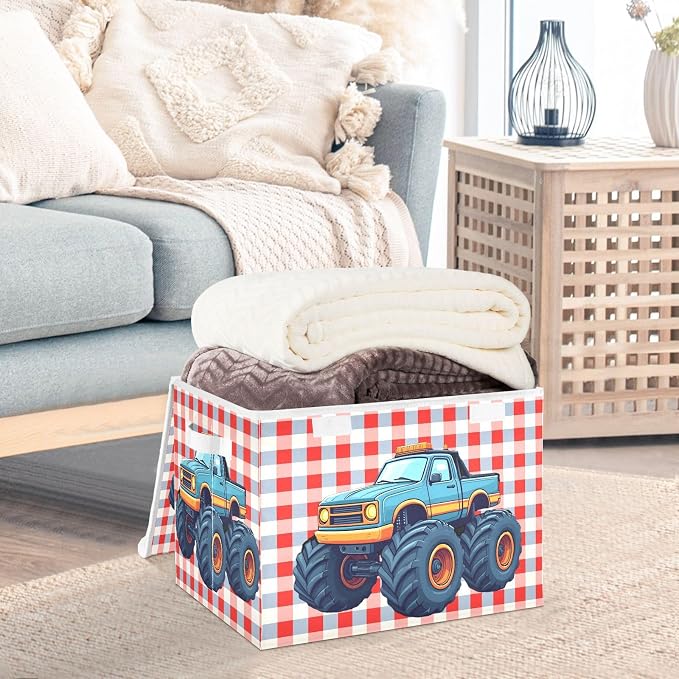 Cartoon Truck Fabric Storage Bins with Lid Closet Storage Basket 40L | Decorative Storage Boxes, Dust-Proof Flip Top, Reinforced Handles, For Home & Bedroom, Clothes & Toy Box, Cartoon Print