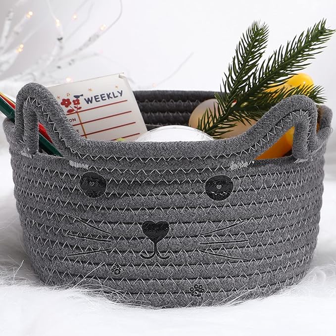 Zopeal Cat Storage Basket Woven Organizer with Ears Decorative Gift Cute Cotton Rope Pet Toy Basket for Gift Cat Dog Toy Bin Nursery Room(8.3 x 4.7 Inch,Gray)
