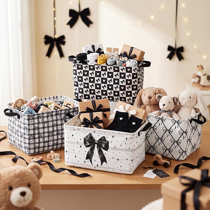 4 Pcs Coquette Black Bow Storage Basket for Gifts Dark Preppy Girly Collapsible Fabric Storage Bins with Handle Foldable Laundry Organizer for Home Bedrooms Baby Clothes Toys Books