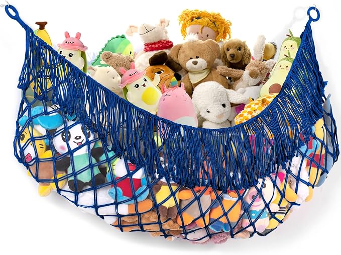 Stuffed Animal Hammock - Extra Large 56'' Long (Sapphire blue) | Premium Cotton Hand-knitted, Beautiful Long Tassel, Storage Hanging Organizer, Can Fit Stuffed Animals 30 Piece or More