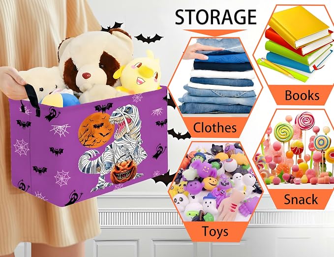 Large Halloween Themed Candy Gift Boo Basket for Kids Baby Personalized Adults Storage Bin Fall Decor(Purple Dinosaur)