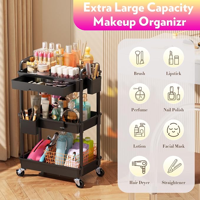SUNALLY Makeup Cart Organizer with Drawer,3 Tier Rolling Makeup Cart, Black | Rolling Vanity Storage for Skin Care Perfume Nail Polish, Floor Skincare Organizers Cosmetics Display Bathroom Storage Cart