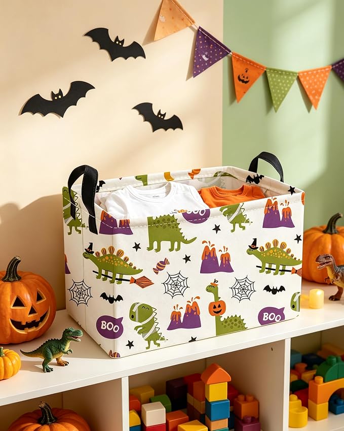 Essme Rectangular Dinosaur Helloween Basket,Kids Storage Bins Organizer with Handles for Room Decor, Gift Basket.(Dinosaur Halloween)