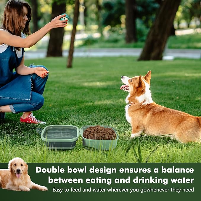 Collapsible Dog Bowls, Travel Food and Water Double Bowl for Cats & Dogs, 2-in-1 Portable BPA-Free Feeding Solution, Perfect for Traveling, Camping & Walking (L/ 100oz)