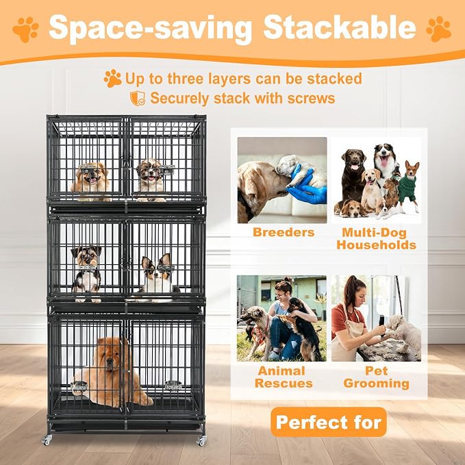 Homey Pet Taller 43" Heavy Duty Double Dog Crates with Divider & Dual Door | Drop Cage for Dogs with Lockable Wheels, Bowls, Removable Tray, Top Access, Ideal for Small to Medium & Large Dogs, Breeders
