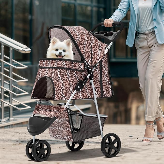 Magshion 3-Wheel Pet Stroller for Small/Medium Dogs & Cats, Up to 33lbs | Foldable Travel Jogger w/ Breathable Mesh Cover, Lightweight Design, Safety Tethers, Cup Holder & Storage Basket