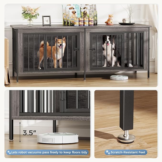 DUMOS 63" Dog Crate Furniture for 2 Dogs with Divider, Gray Wood Grain | Wooden Dog Kennel Furniture, Medium Breed, Center Divider, Double Doors, Heavy Duty Indoor Dog Cage, TV Stand, Side Table