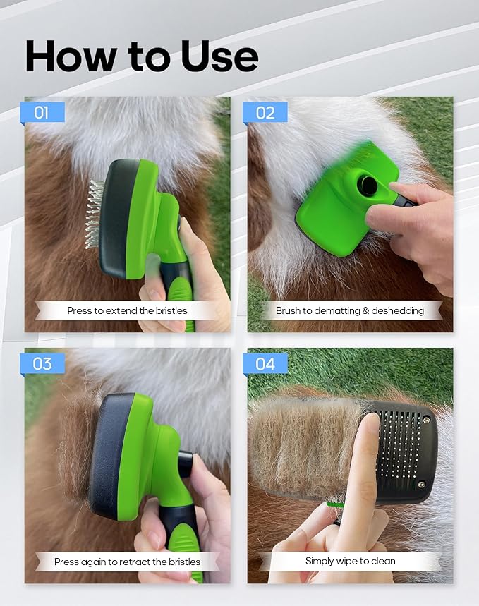 Self Cleaning Shedding Brush - Skin Friendly Grooming Tool for Dogs, Cats, and Puppies, Deshedding and Hair Removal for Long and Short Haired Pets (Green)