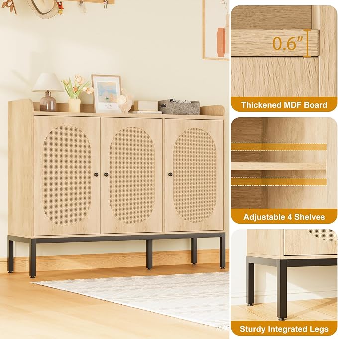 GarveeHome Rattan Shoe Cabinet with 3 Flip Doors, 8-Tier Freestanding Shoe Storage Cabinet with Adjustable Shelves, Large Capacity Shoe Organizer for Entryway, Closet, Natural Oak