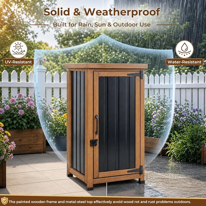 Outdoor Storage Cabinet Waterproof with Metal Top, Wooden Potting Bench Table Tool Organizer with Adjustable Shelf for Patio Backyard Garden
