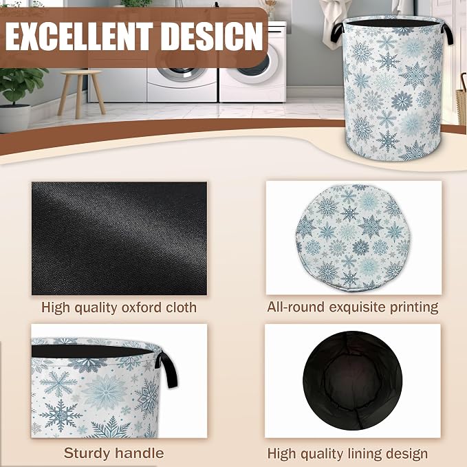Winter Snowflake Laundry Basket,Laundry Hamper Waterproof Oxford Cloth Tote Bag,Clothes Storage Bucket Decorative Toy Organizer for Bathroom Bedroom 16" x 20.8"