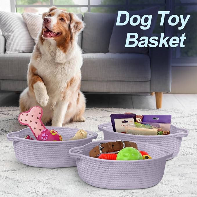 Purple Small Woven Basket, 13” x 9” x 5” Baskets for Gifts Empty, Cotton Rope Gift Basket, Cute Nursery Baby Organizer, Cat Dog Toy Box, Oval Wicker Storage Bin with Handle