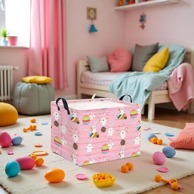 Rectangular Easter Basket Easter Basket for Kids Baby Storage Basket Cute Toy Storage Bin Organizer Shelf Book Basket Easter Room Decor(Line Easter Egg)