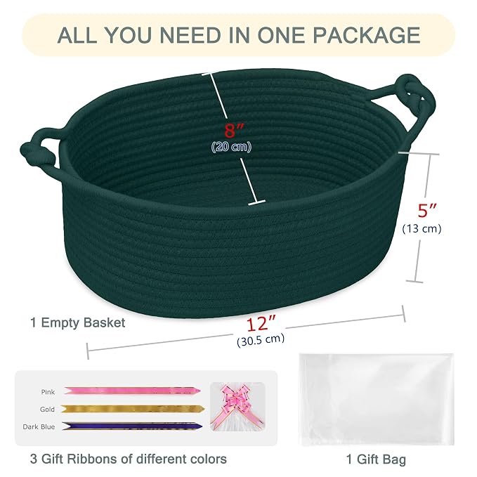 COMSE Small Gift Basket Empty with Bag & Ribbons, Solid Dark Green | Cotton Rope, 12"x 8"x 5", Pet Toy Storage Organizer, Woven Basket for Birthdays, Baby Showers, Mother’s Day, Valentine’s Day