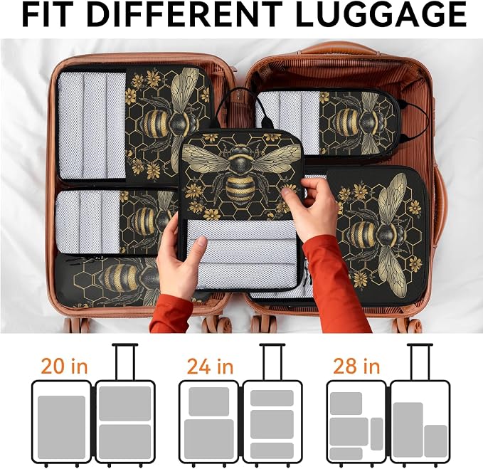 TropicalLife Bee Honeycomb 6 Set Compression Packing Cubes | Vintage Golden Flower Travel Accessories Expandable Packing Organizers Space Saver Bags for Organizing Clothes