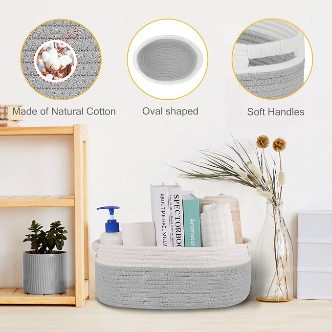 Small Woven Gift Basket with Bag & Ribbons, Cool Gray | Cotton Rope, 13”x 9”x 5.5”, Fits for Kids, Women & Men, Bedroom, Living Room, Nursery & Bathroom Storage, Cat & Dog Toy Boxes